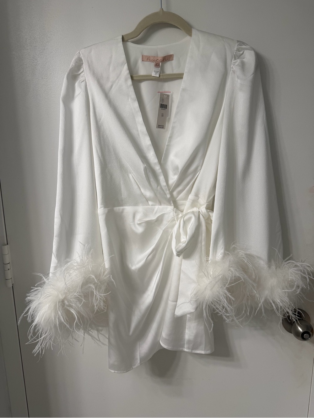 Hutch Faux Feather Trim Satin Wrap Mini Dress